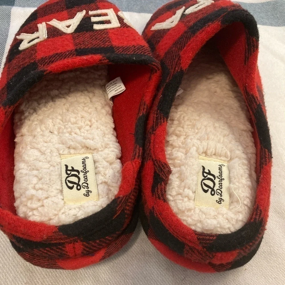 DF By Dearfoams Mens Papa Bear Plaid Slippers Size 9-10